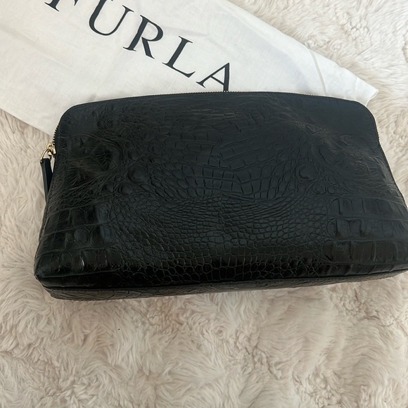 Furla Black Croc-Embossed Clutch with Gold Hardware - Picture 10 of 11